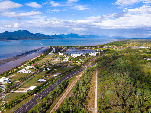 aerial drone panorama of cardwell and hinchinbrook island, unique tropical island in north queensland, australia photo