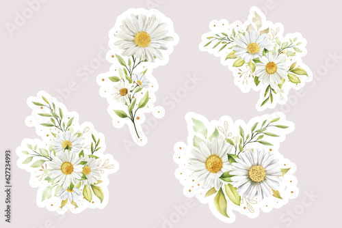 Watercolour daisy bouquet and branch sticker illustration 