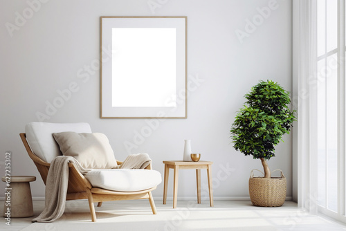 Trendy white living room with white modern decoration  simple home decor. Generative AI