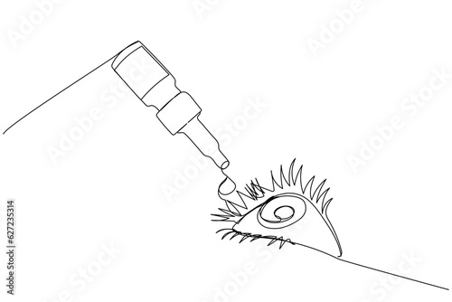 Eye drops, drip eye drops, artificial tear one line art. Continuous line drawing of pharmacy, healthcare, optical, drop, people, conjunctivitis, allergy, ophthalmology. Hand drawn vector illustration