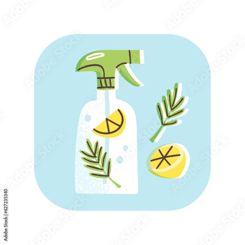 Eco-friendly natural cleanser in a spray bottle. Vector illustration of green cleaning concept.  Vinegar, lemon and herbs based solution. Flat hand drawn style.