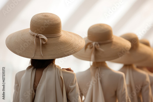 Group Of Women Wearing Large Hats And Scarves. Fashion Show photo