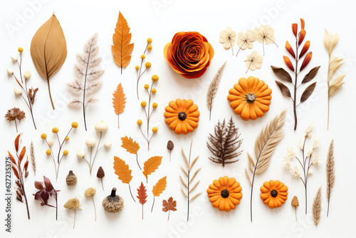 Flat Layout Of Dried Leaves, Pumpkins, And Flowers On White Thanksgiving Day photo