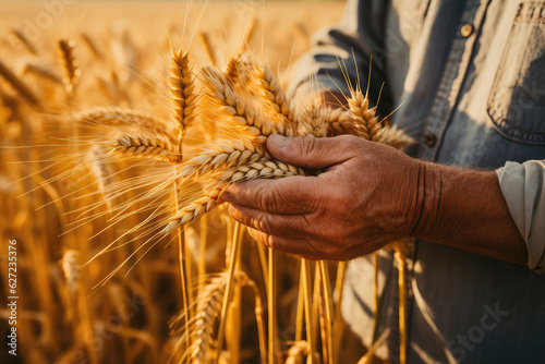 Farmers Hand Holds An Ear Of Wheat In The Field., Farming, Crops,, Wheat,, Handharvesting,, Fieldwork,, Harvest,, Agriculture,, Hardwork