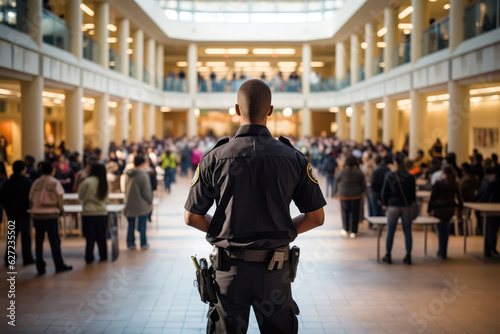 Security Guard In Black Stands With His Back To Schools And Universities photo