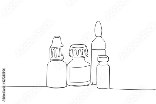 Medicine ampoules, serum, vaccine, glucose, spray, oil one line art. Continuous line drawing of treatment, medication, pharmaceutical, medical, pharmacy, medicine, therapy, allergy