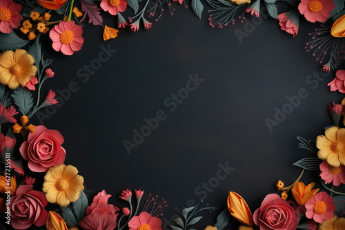 Black Background With Colorful Flowers And Leaves. Teachers Day . Appreciation, Flowers Leaves, Colorful, Backgrounds, Black Color, Home Decor, Crafts