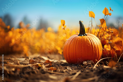 Pumpkin Sitting In The Middle Of Field. Vibrant Pumpkin Set Against Beautiful Autumn Background Thanksgiving Day photo