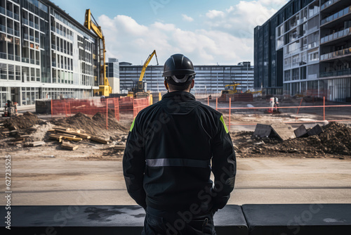 Security Guard In Black Stands With His Back To Construction Sites photo
