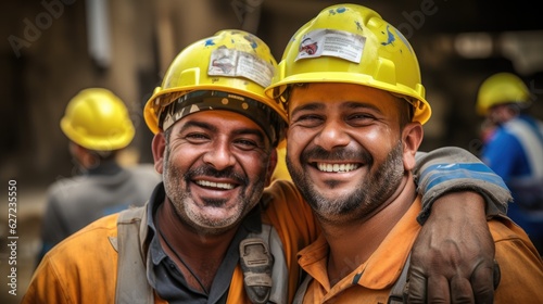 Happy of team construction worker working at construction site. Construction workers smiling together.