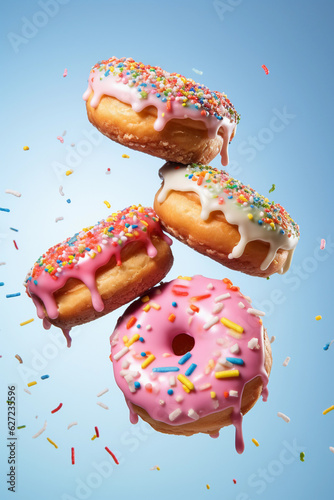 Colourful decorated donuts falling in motion on gradient background with sprinkling. Sweet, confectionery and various doughnuts flying over white. Panorama banner, clipping path. Generative AI
