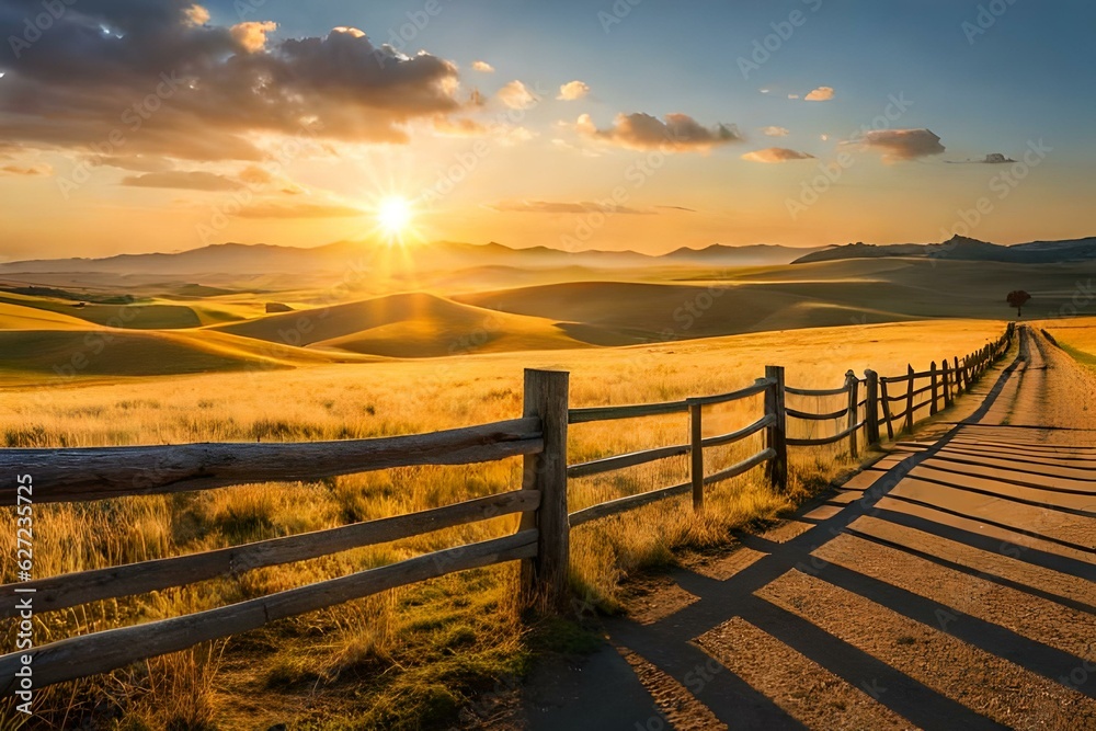 Picturesque landscape, fenced ranch at sunrise