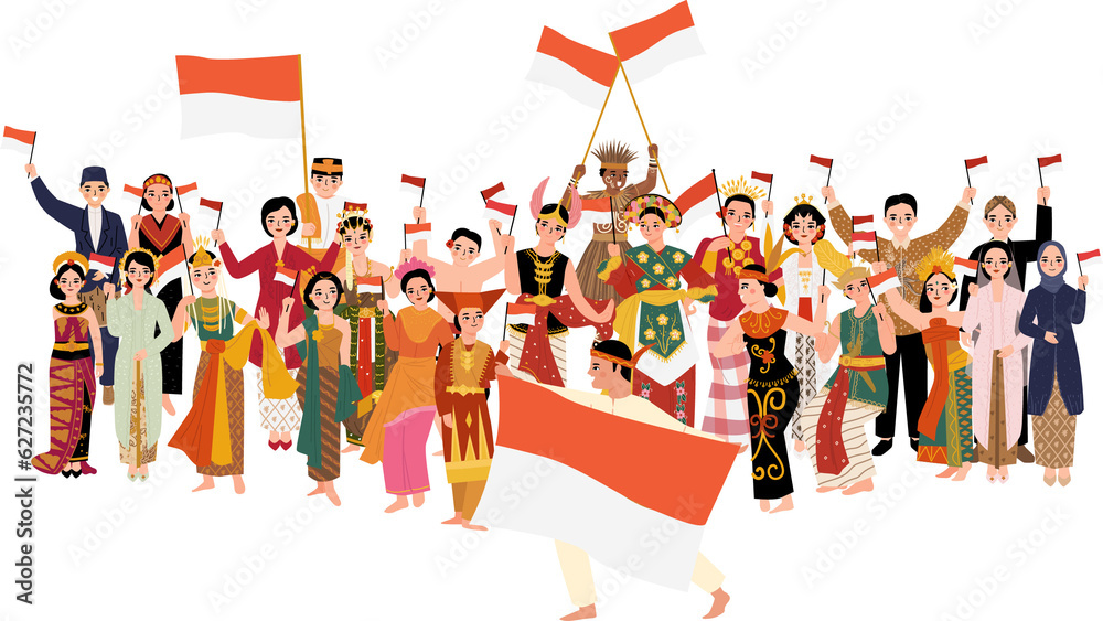 Fototapeta premium group of people holding flag celebrate Indonesian independence day cartoon illustration