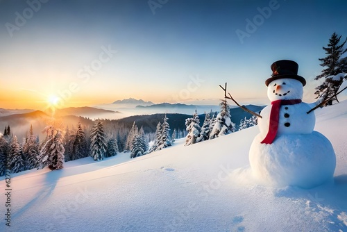  Snowman in a winter Christmas scene with snow, pine trees and warm light © muhmmad