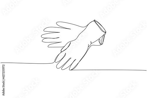 Medical gloves, protection, hygiene, sterility, medical supplies, equipment one line art. Continuous line drawing of medication, clinical, disposable, tool, surgery