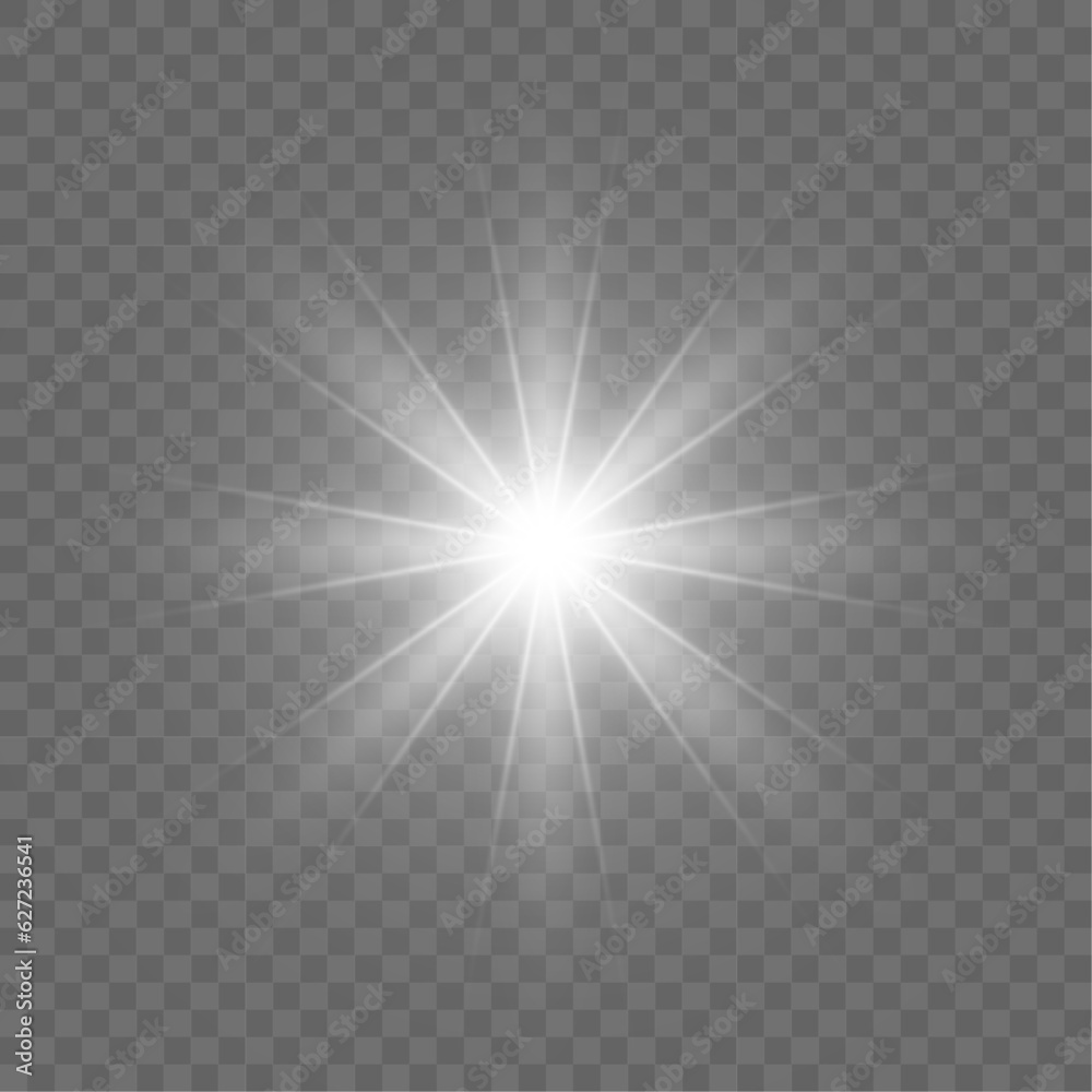 Vector white star on transparent background. Glowing light effect. Shine, glare, flare, flash illustration. 