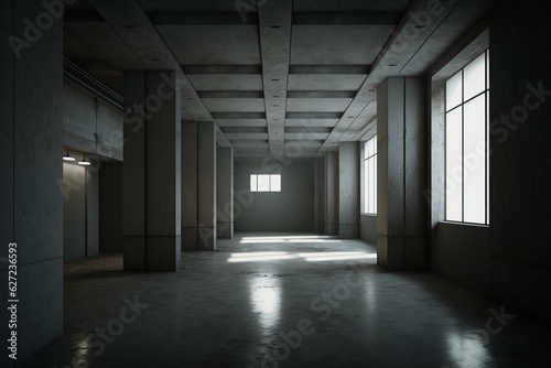 A dark and empty 3D-rendered industrial interior with a concrete floor. Generative AI © Aida