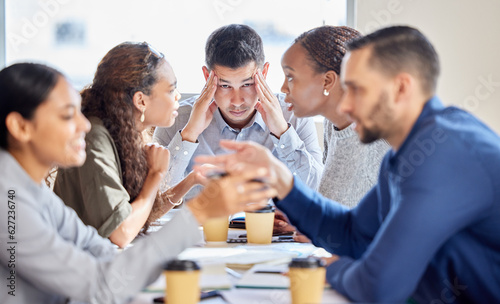 Group, headache and business man with stress, meeting and conversation for brainstorming, overworked and burnout. Male person, employee and staff with chaos, manager with a migraine and frustrated