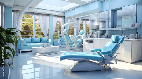 Modern dental clinic  dentist chair and other equipment used by dentists in blue white light  dental surgeons are surgeons who specialize in dentistry and treating oral conditions.