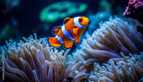 clown fish close up among corals in the ocean made with Generative AI