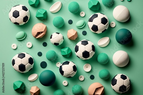 Flat lay background featuring multiple footballs and soccer balls. Generative AI