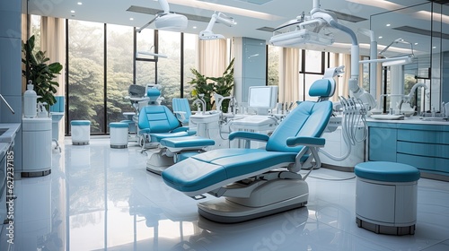 Modern dental clinic, dentist chair and other equipment used by dentists in blue white light, dental surgeons are surgeons who specialize in dentistry and treating oral conditions.