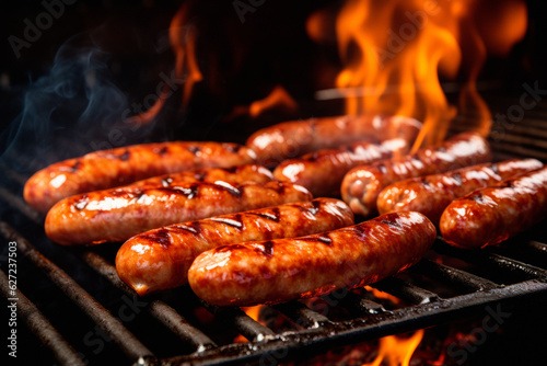close up of sausages cooking on a bar b q barbeque bbq grill