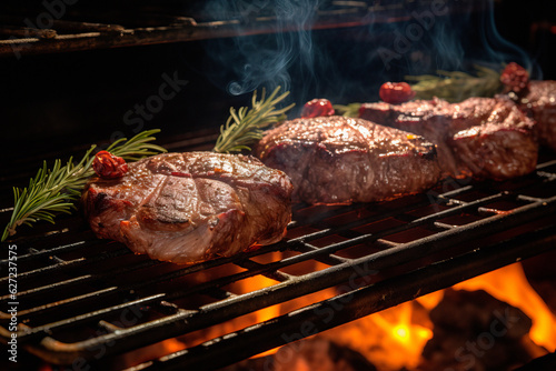 Close up view of beef steaks grilling on a bar b q flame barbeque