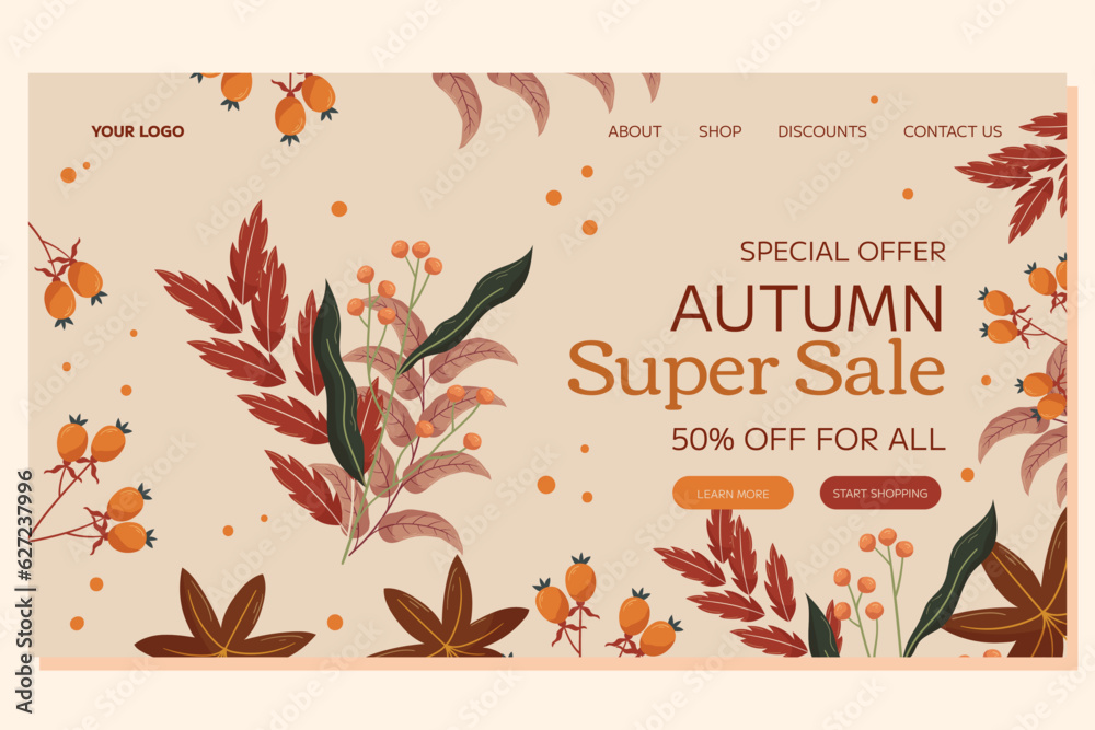 Autumn Super Sale Landing page template event design. maple leaf and orange berry on a twig, red and brown leaves branch. Web page with spicial offer deal for on-line store Autumn Super Sale Landing page template event design. maple leaf and orange berry on a twig, red and brown leaves branch. Web page with spicial offer deal for on-line store