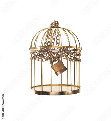 golden cage with lock isolated on white background