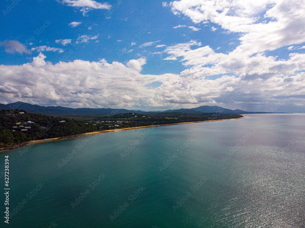 aerial drone panorama of beautiful south mission beach, turtle bay, lugger bay, and surrounding islands in tropical north queensland, australia; paradise beaches on the shore of pacific