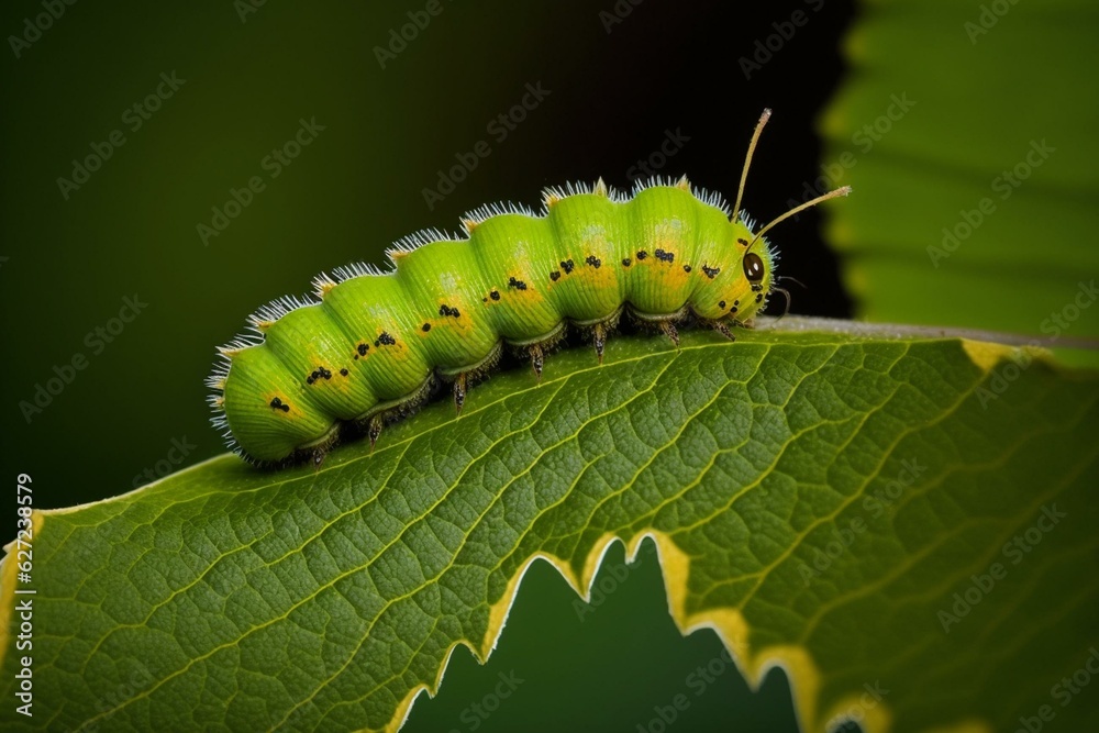 Caterpillar on green leaf. Generative AI