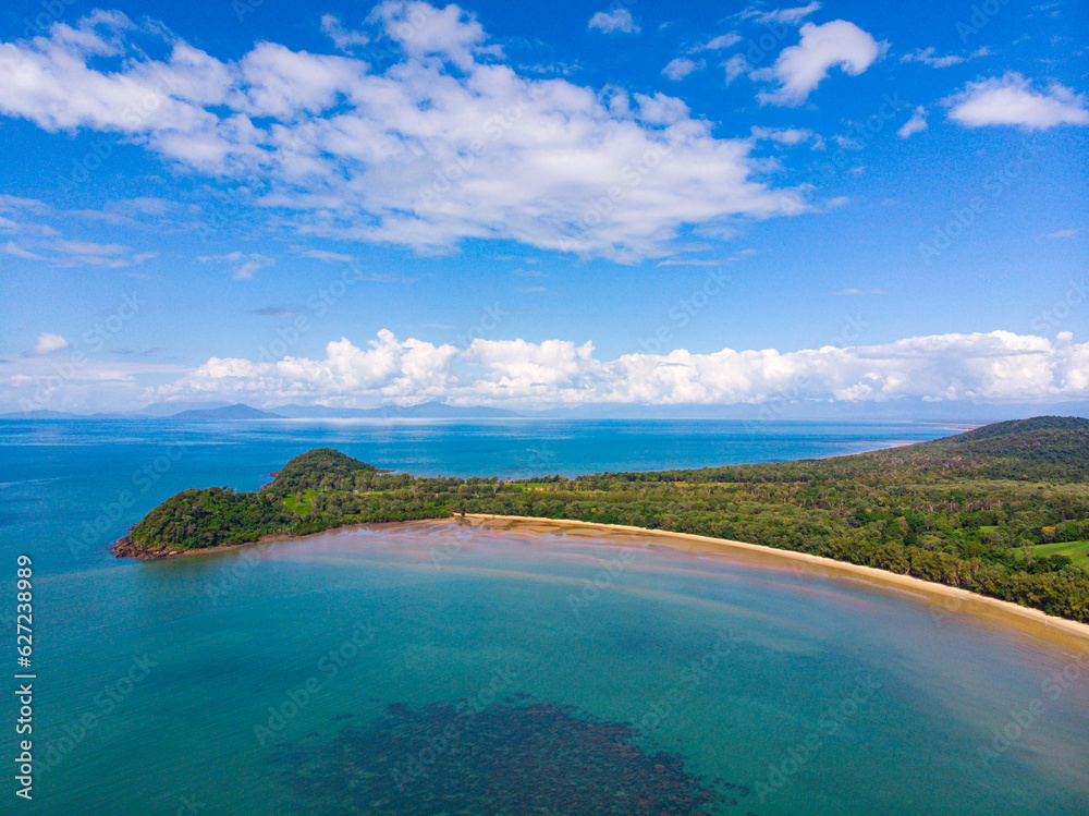 aerial drone panorama of beautiful south mission beach, turtle bay, lugger bay, and surrounding islands in tropical north queensland, australia; paradise beaches on the shore of pacific