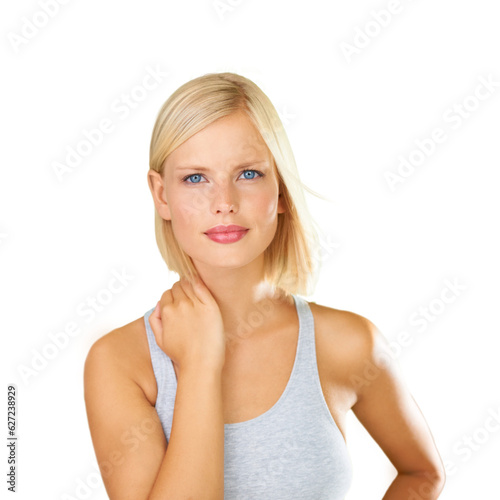 Beauty, portrait and face of a woman on a transparent background with gray and white for cosmetics. Headshot of an aesthetic female isolated on png alpha channel for skincare and serious self care