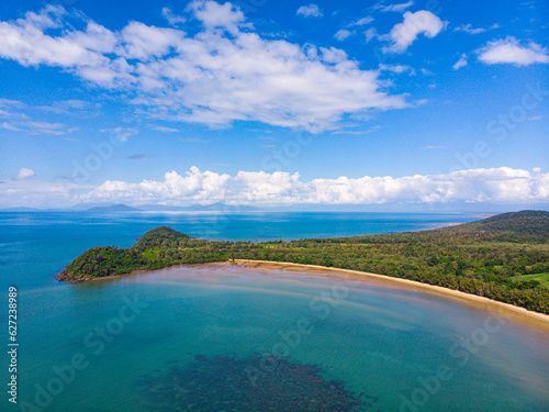 aerial drone panorama of beautiful south mission beach  turtle bay  lugger bay  and surrounding islands in tropical north queensland  australia  paradise beaches on the shore of pacific