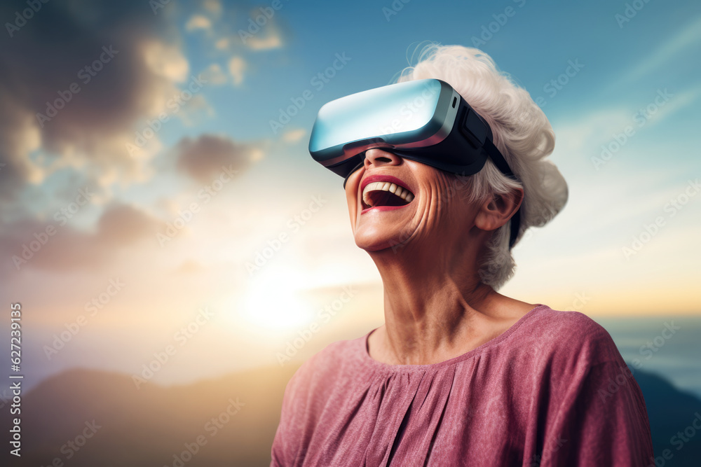 Senior woman exploring different realities through VR googles. Generative AI.