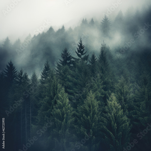 Pine forest in the valley on a foggy morning Fresh green atmosphere
