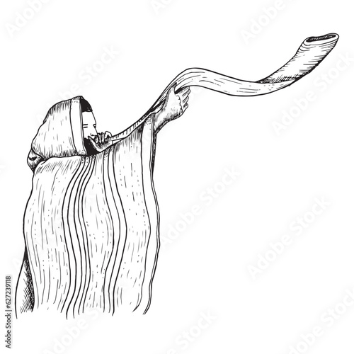 Vector Jewish man in tallit blowing shofar on Yom Kippur and Rosh Hashanah holidays black and white graphic illustration