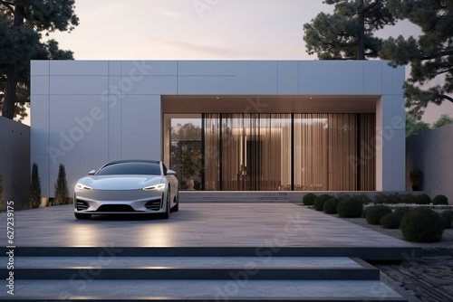 Luxury generic electric car parked outside modern minimalist design house © Elaine