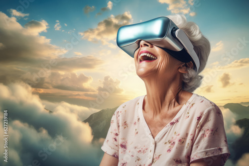 Senior woman exploring different realities through VR googles. Generative AI. © JuanM