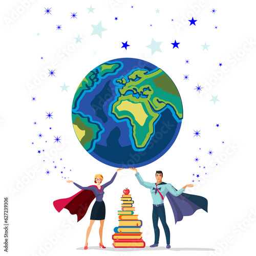 Happy teachers day isolated vector art. Vector illustration of teachers holding the world with their hands.