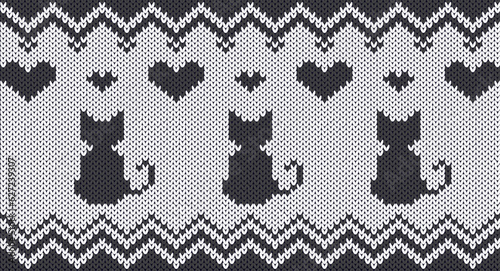 Gray cat and heart shape on white background knitting pattern, Festive Sweater Design. Seamless Knitted Pattern, Norway Festive Sweater Fair Isle Design.