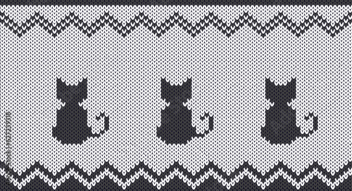 Festive Sweater Design. Seamless Knitted Pattern, Norway Festive Sweater Fair Isle Design,Gray cat on white background knitting pattern.