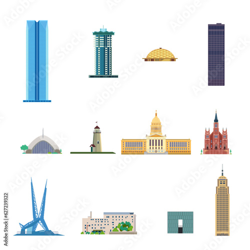 Oklahoma architecture city symbols set vector illustration.