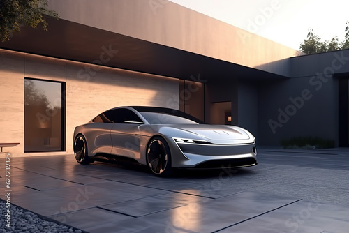 Luxury generic electric car parked outside modern minimalist design house