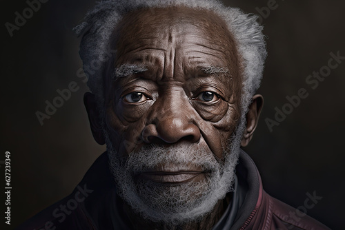 Portrait of a dark-skinned pensioner looking sadly into the camera against the background of a bright room. AI Generated