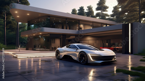 Luxury generic electric car parked outside modern minimalist design house