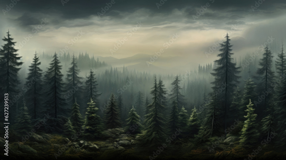 Panoramic view of the forest with morning fog Panoramic view of the forest with morning fog