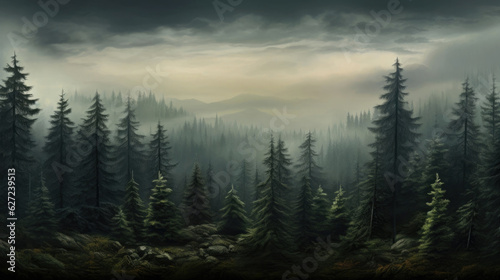 Panoramic view of the forest with morning fog