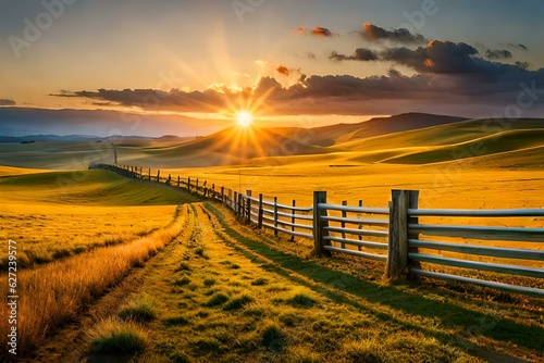 Picturesque landscape  fenced ranch at sunrise